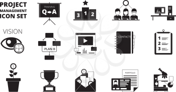 Project management icon. Work planning office managers productivity team manage business processes vector black symbols. Project management icons, business organization productivity illustration