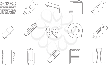 Office stationary items. Desk folder papers pencil pen stapler felt pen gadgets for managers help work vector thin line icons. Illustration of office stationary thin line, cutter instrument and folder