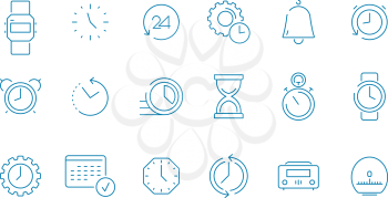 Clock pictogram set. Fast time management computer timing calendar vector thin line icon collection. Illustration of timer and outline alarm stopwatch, measurement clock