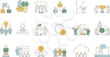 Business team symbols. Office work of peoples group organization coworking leader crowd vector colored thin icons. Leader of group, work team connect illustration