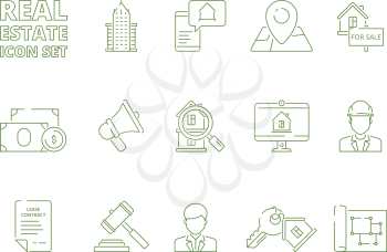 House for sale icons. Realtor rent or selling buildings realty symbols new homeowner vector linear thin pictures. Real estate thin line icon set, residential apartment building illustration