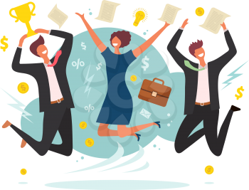 Business victory concept. Winning jumping happy peoples male and female team place vector flat characters background. Business man and woman achievement, team celebrating illustration