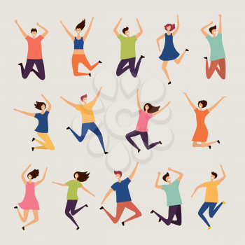 Jumping people. Young and adult laughing happy group characters vector flat illustrations. Happy character person, together jump people