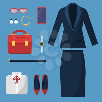 Businesswoman clothes. Fashion female office casual style wardrobe skirt jacket suit hat bag watch business items vector top view. Illustration of office business jacket female, clothing and earrings
