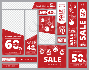 Web banners standard sizes. Advertizing business banners horizontal vertical square shapes vector template. Illustration of promotion discount xmas, advert banner christmas sale