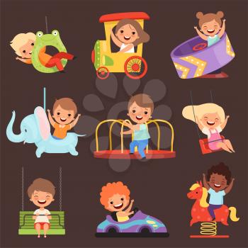 Amusement park kids. Playing happy and funny childrens boys and girls in attractions ride friends vector cartoon people. Amusement entertainment boy and girl illustration