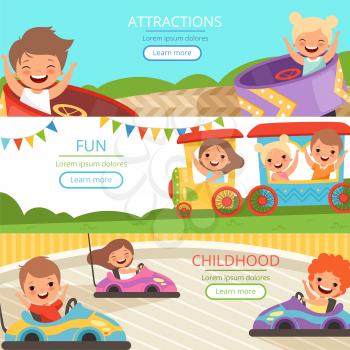 Amusement park banners. Family and happy kids walking and playing games in different attractions vector cartoon template. Illustration of childhood entertainment, recreational train and car