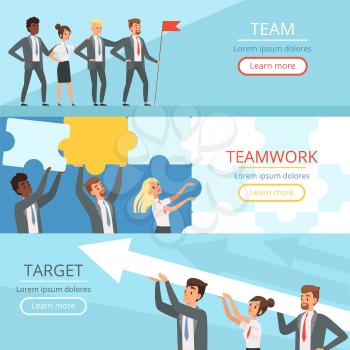 Business team banners. Managers partners collaboration at work to the big goal team building conceptual vector characters. Teamwork management, collaboration strategy and partnership illustration