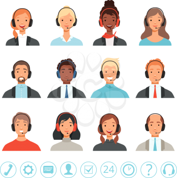 Call center operators avatars. Male and female customer service contact help managers vector web pictures. Illustration of contact help operator, male and female communication telemarketing
