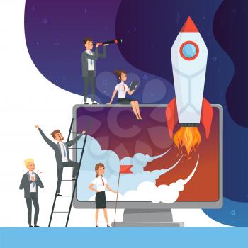 Launch startup concept. Business illustrations of office managers with rocket space new idea of web technology vector pictures. Rocket launch, startup flight