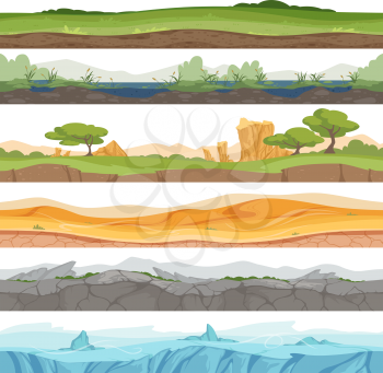 Parallax seamless ground. Game landscape ice grass water desert dirt rock vector cartoon background. Illustration of game ground desert, stone rock and swamp