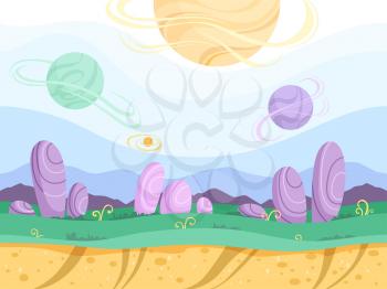 Alien seamless background. Moon surface strange futuristic fantasy planet ground explorer mountain 2d games vector cartoon picture. Illustration of landscape game surface level, gui for videogame