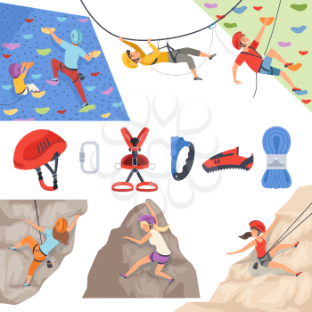 Mountain climbers. Mountaineering equipment for extreme sport rockie hills explore helmet rope carabiner for climber vector characters. Sport climbing, rock and mountain climb illustration
