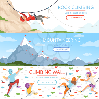 Mountain climbing pictures. Rope carabiner helmet rockie hills people extreme sport vector banners template with place for text. Illustration of mountain climbing sport, mountaineer extreme adventure