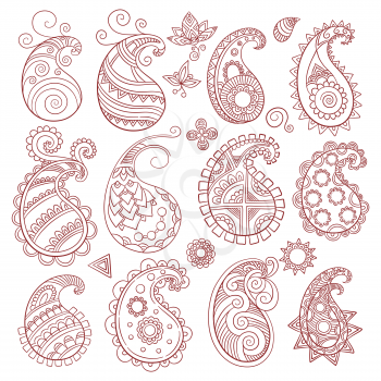 Paisley pattern collection. Indian and eastern cultural textile elements vector big set isolated on white background