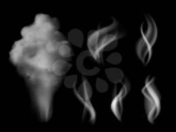 Smoke realistic. Hot steam vape on kitchen smells vector 3d collection isolated. Smell smoke, hot steam, shape of cloud vapor illustration