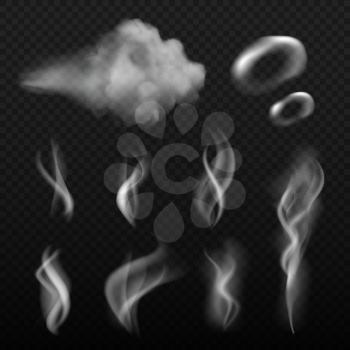 Steam and smoke. Vape shapes hot kitchen smell vector realistic pictures. Illustration of smell and smoke cloud, abstract odour and vapor
