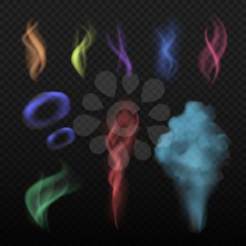 Colored smoke. Steam and smell spread buring haze colorful vector collection realistic set. Illustration of color smoke, steam and smell, perfume realistic and vapor aroma