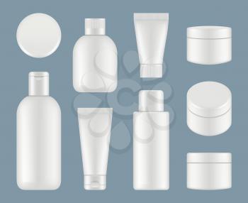 Cosmetic tubes. Makeup plastic packages and round containers white vector mockup. Illustration of container and tube for cosmetic cream