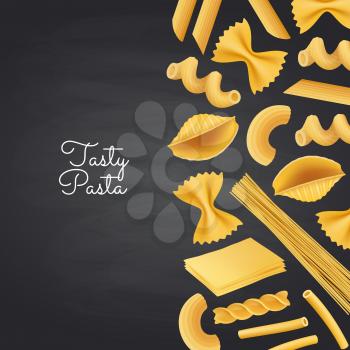 Vector banner with realistic pasta types on black chalkboard background illustration