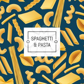 Vector realistic pasta types illustration with pattern background. Web banner or poster