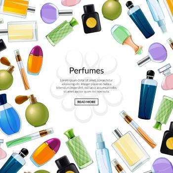 Vector banner with perfume bottles background illustration. Colored web poster page