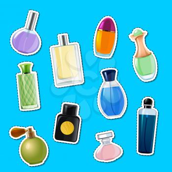 Vector perfume bottles stickers of set illustration isolated on blue background