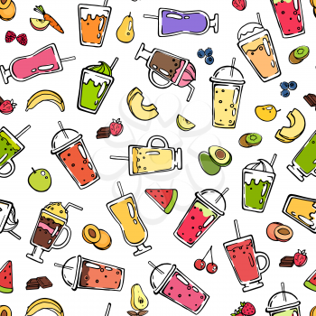 Vector doodle smoothie pattern or background illustration. Pattern fruit fresh for smoothie drink, summer food strawberry and cherry