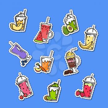 Vector doodle drink smoothie stickers of set illustration isolated on background