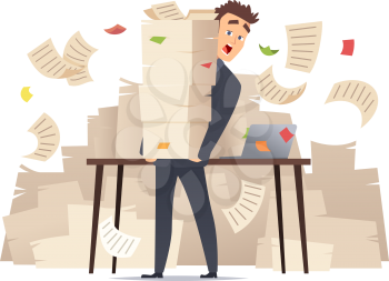 Workload businessman. Overwork office manager director sitting at table over much papers documents bureaucracy vector cartoon concept. Illustration of businessman workload and stress