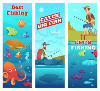 Fishing banners. Underwater sea river ocean fish octopus turtle seahorse water food vector cartoon characters. Fishing banner, sport hobby activity illustration