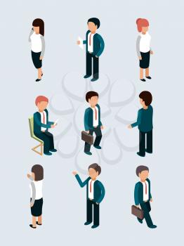 Isometric business people. Young male female office managers director workers in action poses team dialog vector 3d business characters. Illustration of businessman isometric and young boss female