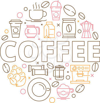 Coffee icons background. Circle shape from coffee grains espresso mill hot drink cups cupcakes vector thin line design. Illustratino of coffee drink, cup of espresso