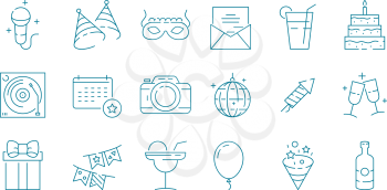 Event icon. Party festival birthday celebration entertainment fun vector thin line symbols collection. Birthday cake and happy celebrating illustration
