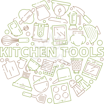 Kitchen tools icons. Food prepare cooking items spoon fork knife in circle shape vector thin line symbols. Illustration of kitchenware utensil, accessory of dishware and equipment