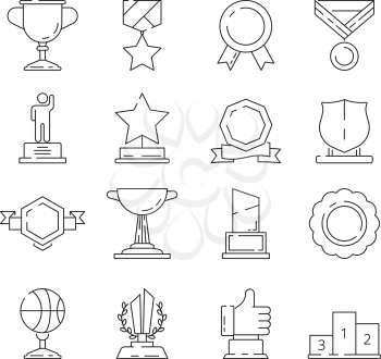 Successful reward icon. Winner cups and trophies medal and ribbons vector thin line symbols. Illustration of trophy and prize, reward and award to competition