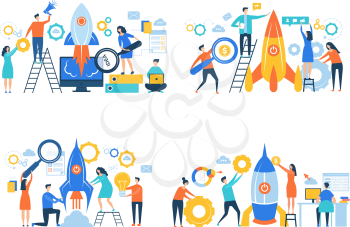 Startup business characters. Rocket launch success people making work freedom career managers office vector business concept. Illustration of project startup and teamwork progress