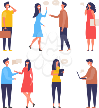 Dialogue people. Communication characters web chat discuss businessman active discussion vector flat pictures. Illustration of conversation group people