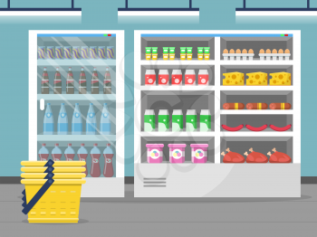 Grocery store showcase. Shop food store inside the supermarket checkout vector background. Illustration of shop and market interior with food