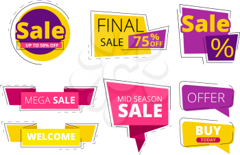 Flat promo banners. Big sale advertizing offers on colored ribbons vector template. Discount and sale, offer promo special illustration