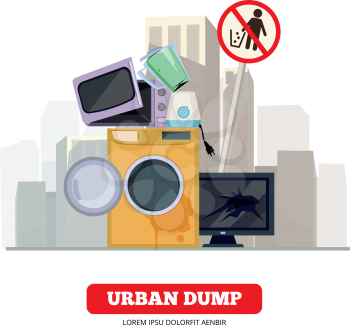 City dump. Appliance garbage from broken kitchen and household electronic equipment recycling process vector concept. Garbage city junk, broken ewaste illustration