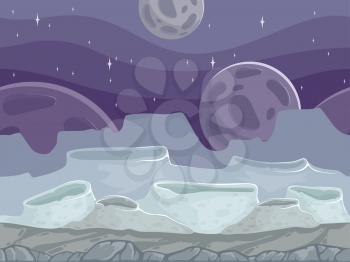 Moon seamless landscape. Rocky fantastic outdoor cartoon background with different stones ground. Illustration of landscape moon background, space game parallax