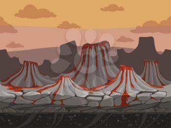 Volcanoes seamless game background. Rockie ground with stones prehistoric outdoor vector landscape in cartoon style. Illustration of volcano landscape level scene, panorama layer
