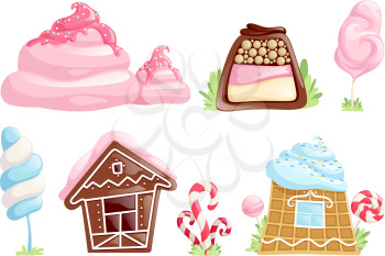 Sweet objects. Caramel chocolate candies fantasy elements for games cartoon desserts vector collection. Illustration of chocolate candy and dessert, caramel home for interface game