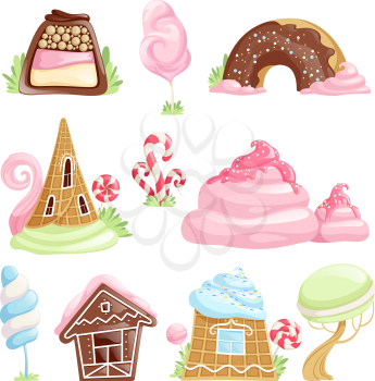 Fantasy desserts. Chocolate caramel biscuits jelly candies lollipop fairytale vector objects. Illustration of chocolate dessert and lollipop caramel