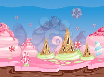 Game fantasy landscape. Seamless background with delicious dessert food candy caramel chocolate biscuits vector illustration. Game dessert cake, ice cream and lollipop