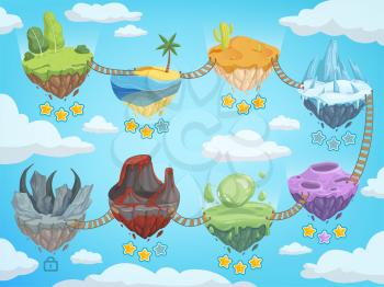 Game level map. Mobile ui stages with various isometric islands with rock grass ice water and volcano vector template. Game platform with rock and mountain, island soar illustration