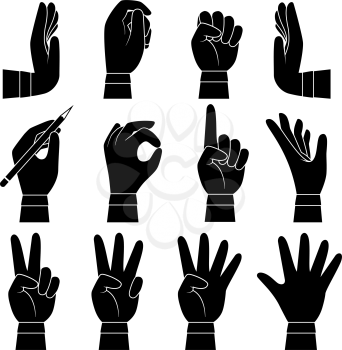 Hands gesture collection. Male and female arms palms and fingers pointing giving taking touch holding vector cartoon silhouette. Illustration of hand gesturing, ok and pointing forefinger