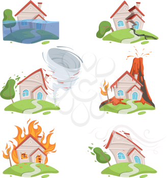 Nature disaster. Mountain ice tsunami volcano lava water twister destruction vector cartoon scene. Destruction and disaster, lava of volcano and fire house illustration