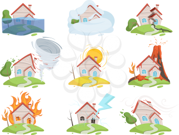 Nature disaster damage. Fire volcano water wind tree destruction tsunami vector cartoon pictures. Illustration of disaster house, catastrophe flood and snow, lightning and destruction